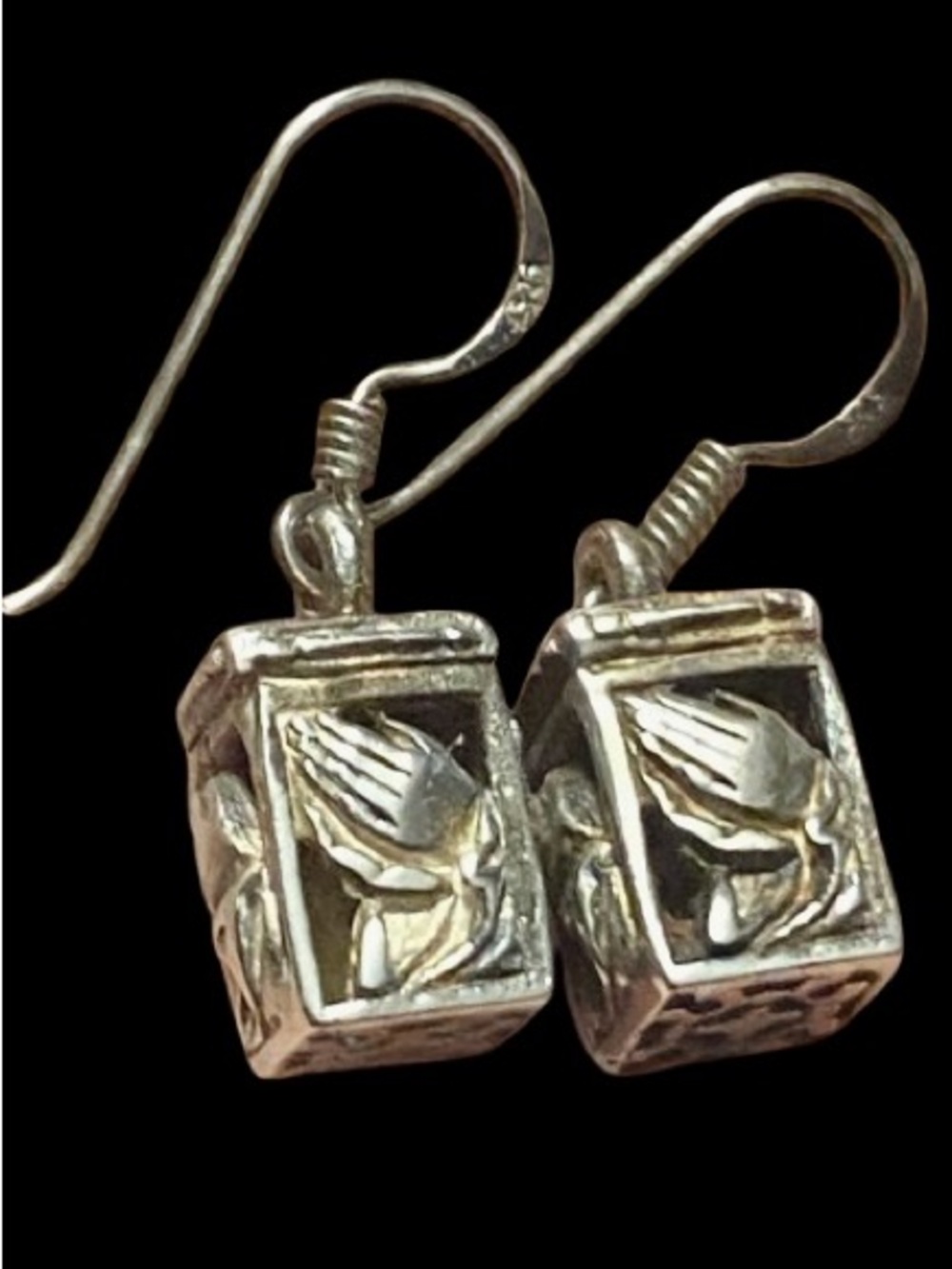 Vintage Sterling Silver Prayer Box Lantern Earrings Detailed Praying Hands 925